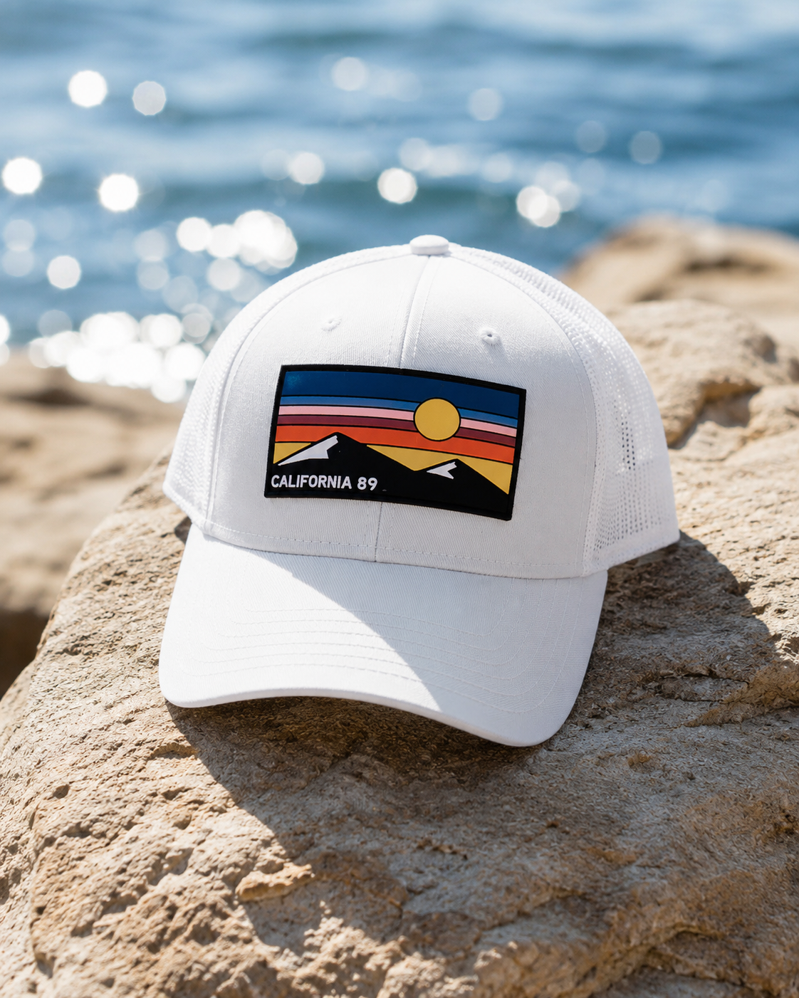 Trucker Hat with Mountain and Sky Rubber Patch | California 89