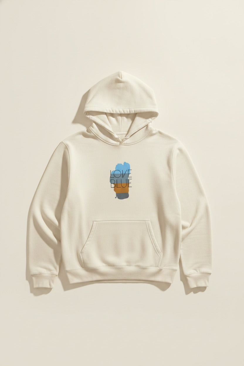 Natural kid's pullover hoodie with a small blue Love Blue graphic on the chest