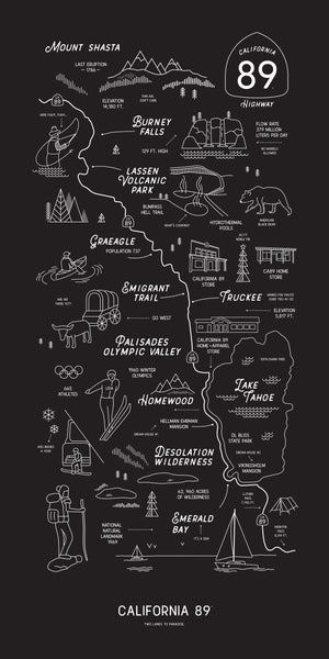 California 89 Framed Road Map | Tahoe Wall Art
