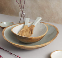 Mango Wood & Taupe Enamel Small Serving Set