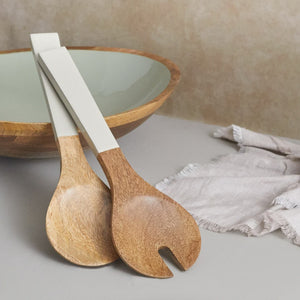Mango Wood & Taupe Enamel Large Serving Set