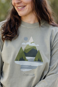 Unisex Long Sleeve Mountains & Water in Khaki, graphic